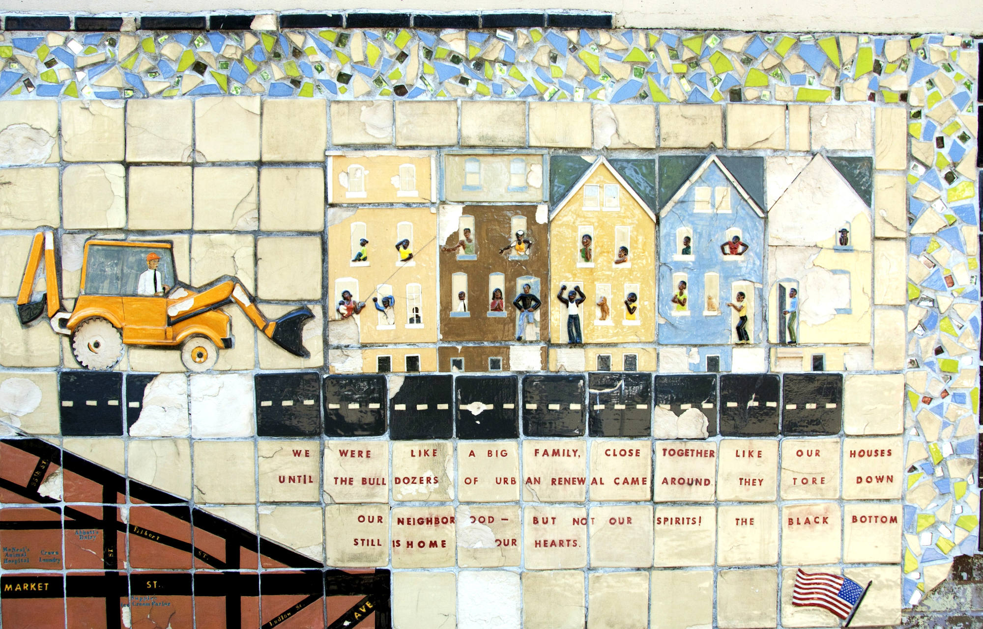 Mosaic of the bulldozing of the Black Bottom neighborhood by Penn
