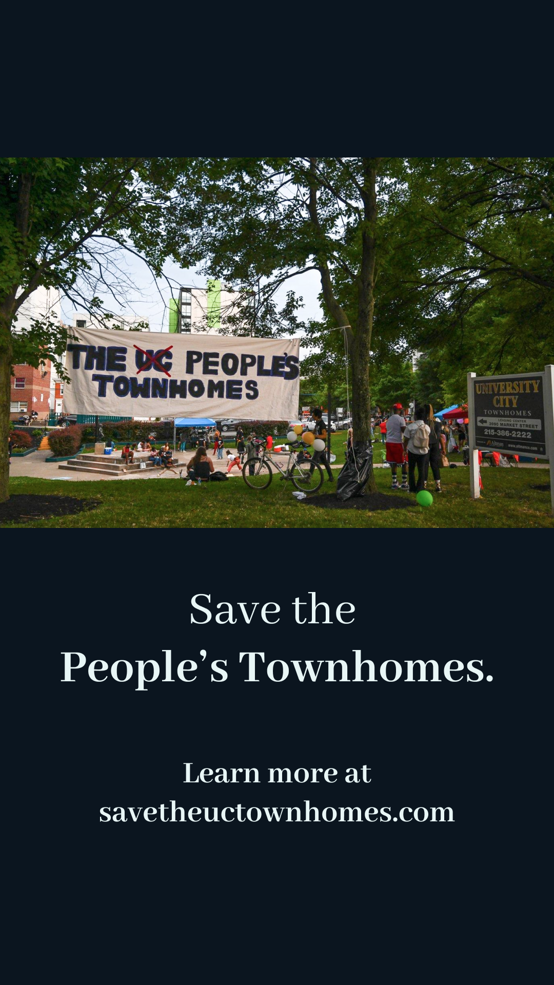 Photo of banner reading "Save the People's Townhomes" hanging in the plaza next to the UC Townhomes